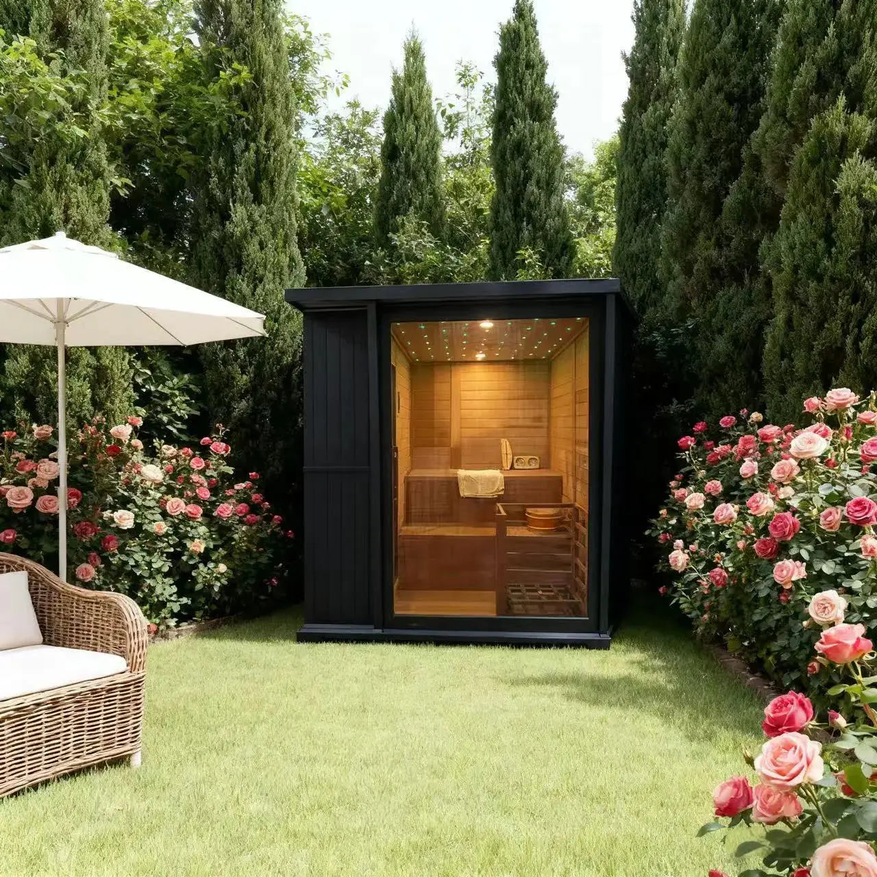 New Luxury High-End Black Square Outdoor Sauna – Modern Backyard Wellness Cabin Anyi Health