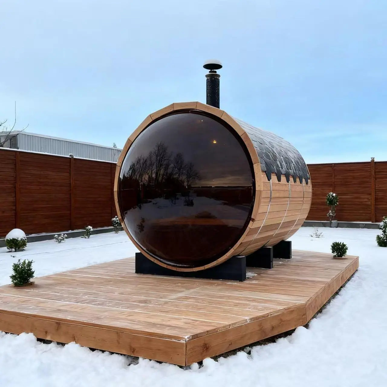 Outdoor Barrel Sauna with Front Porch & Panoramic Glass – Available in 2-6 Person Sizes Anyi Health
