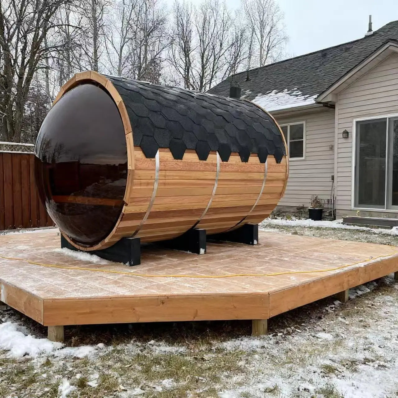 Outdoor Barrel Sauna with Front Porch & Panoramic Glass – Available in 2-6 Person Sizes Anyi Health