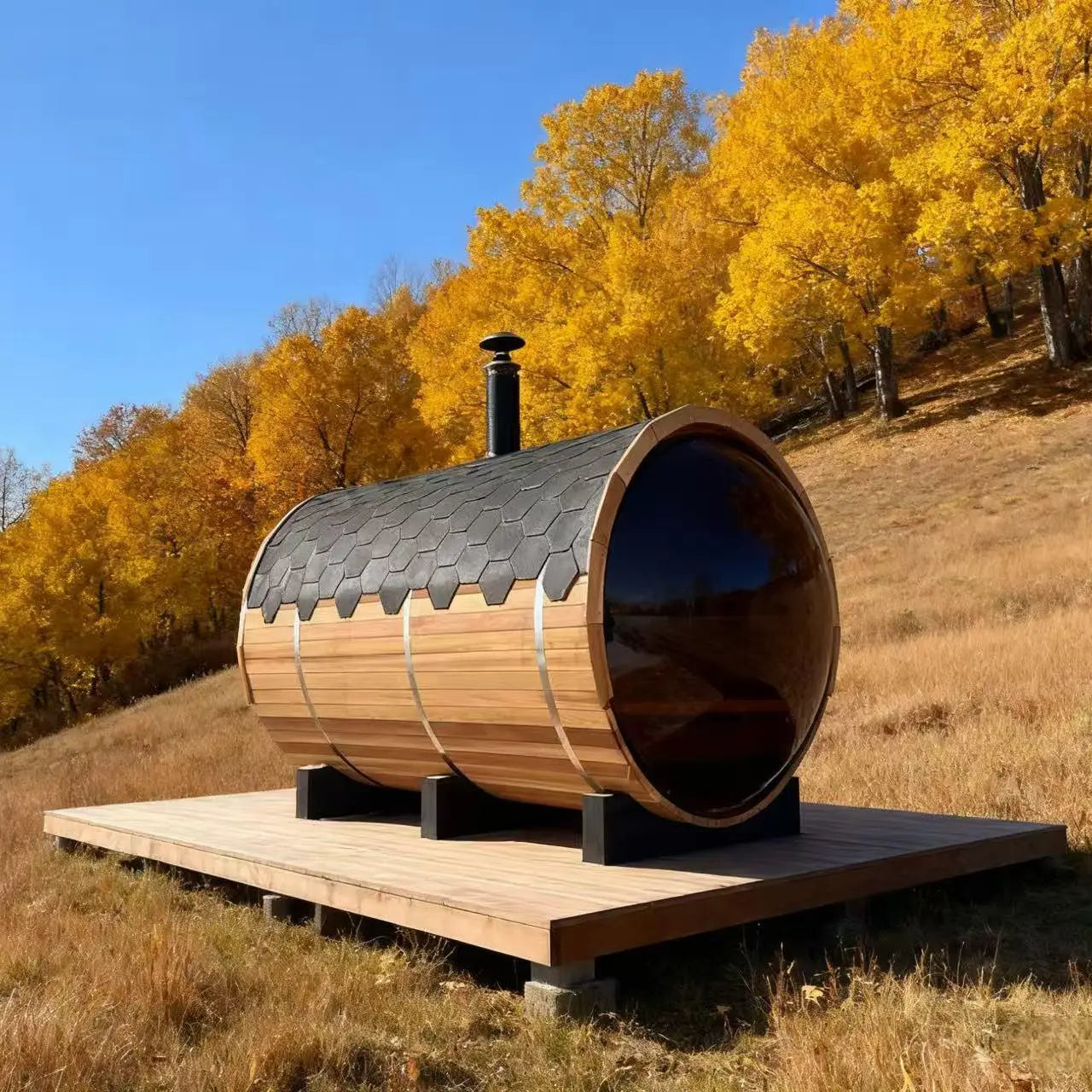 Outdoor Barrel Sauna with Front Porch & Panoramic Glass – Available in 2-6 Person Sizes Anyi Health