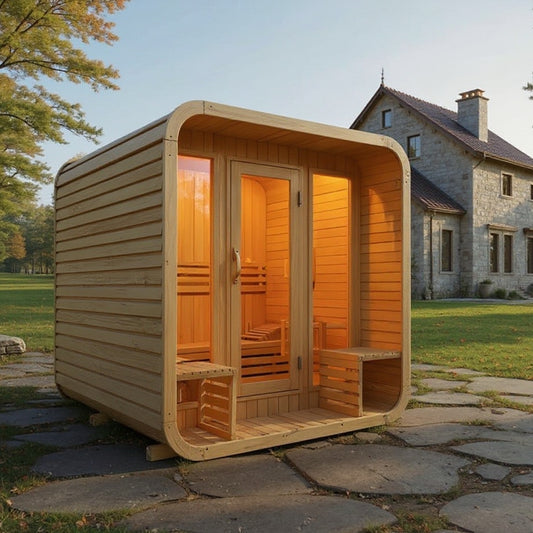 OasisLux Canadian Red Cedar Wood Hot Rock Hemlock Outdoor Cube Sauna - For 2-4 People with Porch Design