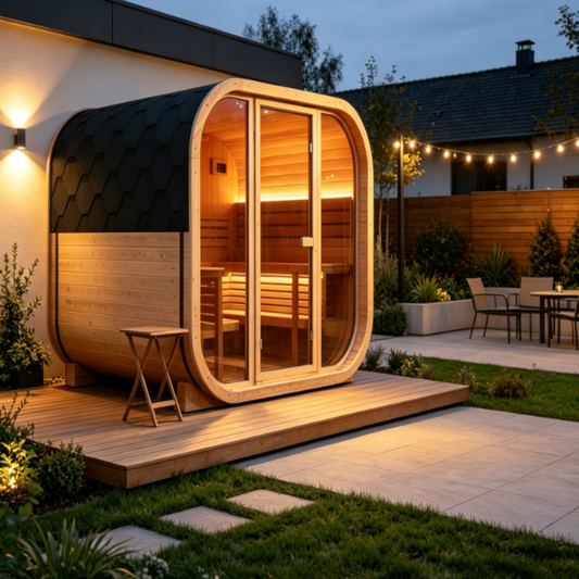 oasislux-7 Square Outdoor Sauna – Carbonized Spruce Wood | 3~4 Person Traditional Steam