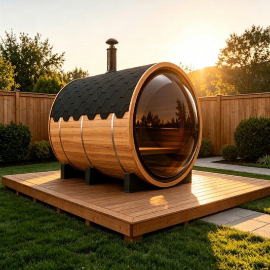Outdoor Barrel Sauna with Front Porch & Panoramic Glass – Available in 2-6 Person Sizes