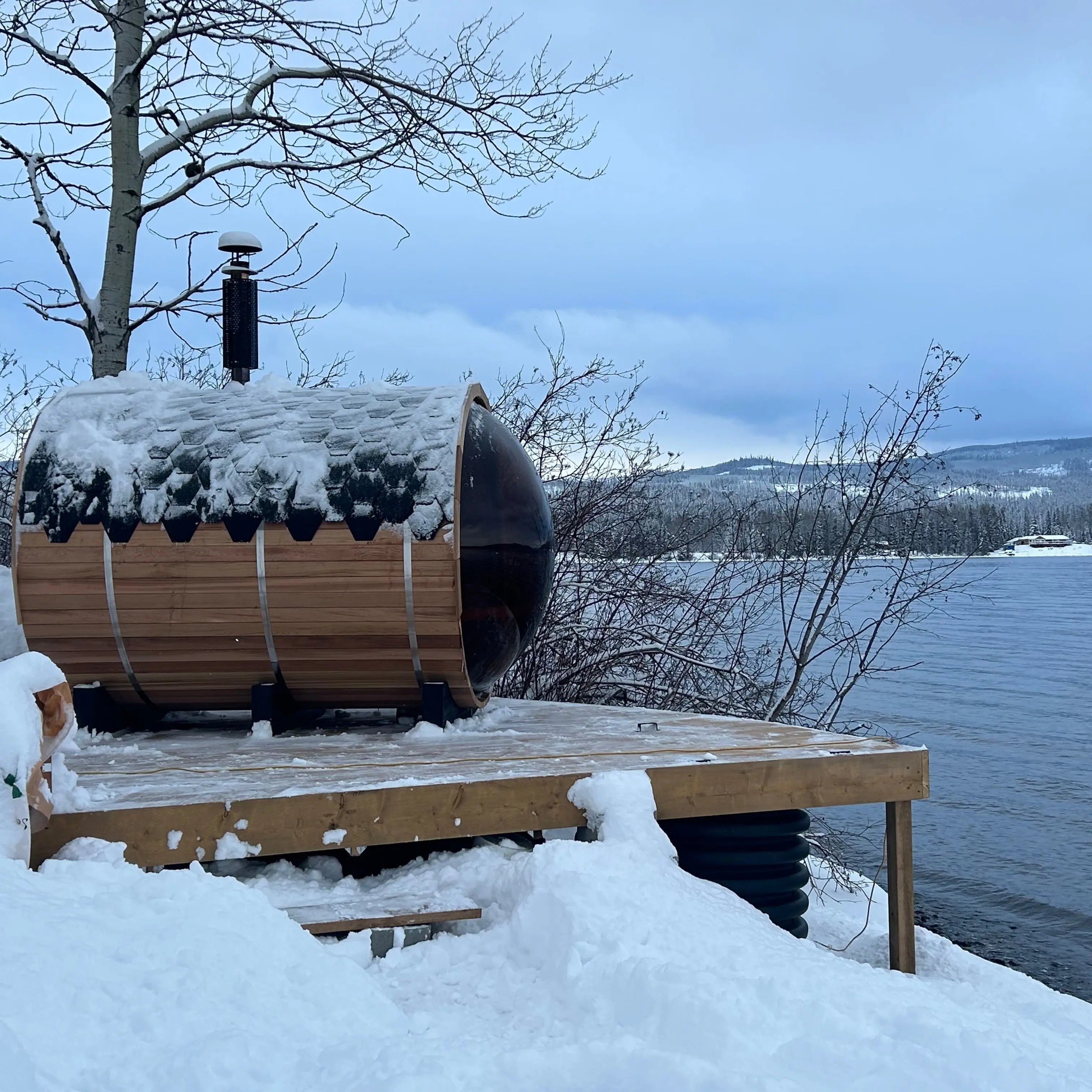 Outdoor Barrel Sauna with Front Porch & Panoramic Glass – Available in 2-6 Person Sizes Anyi Health