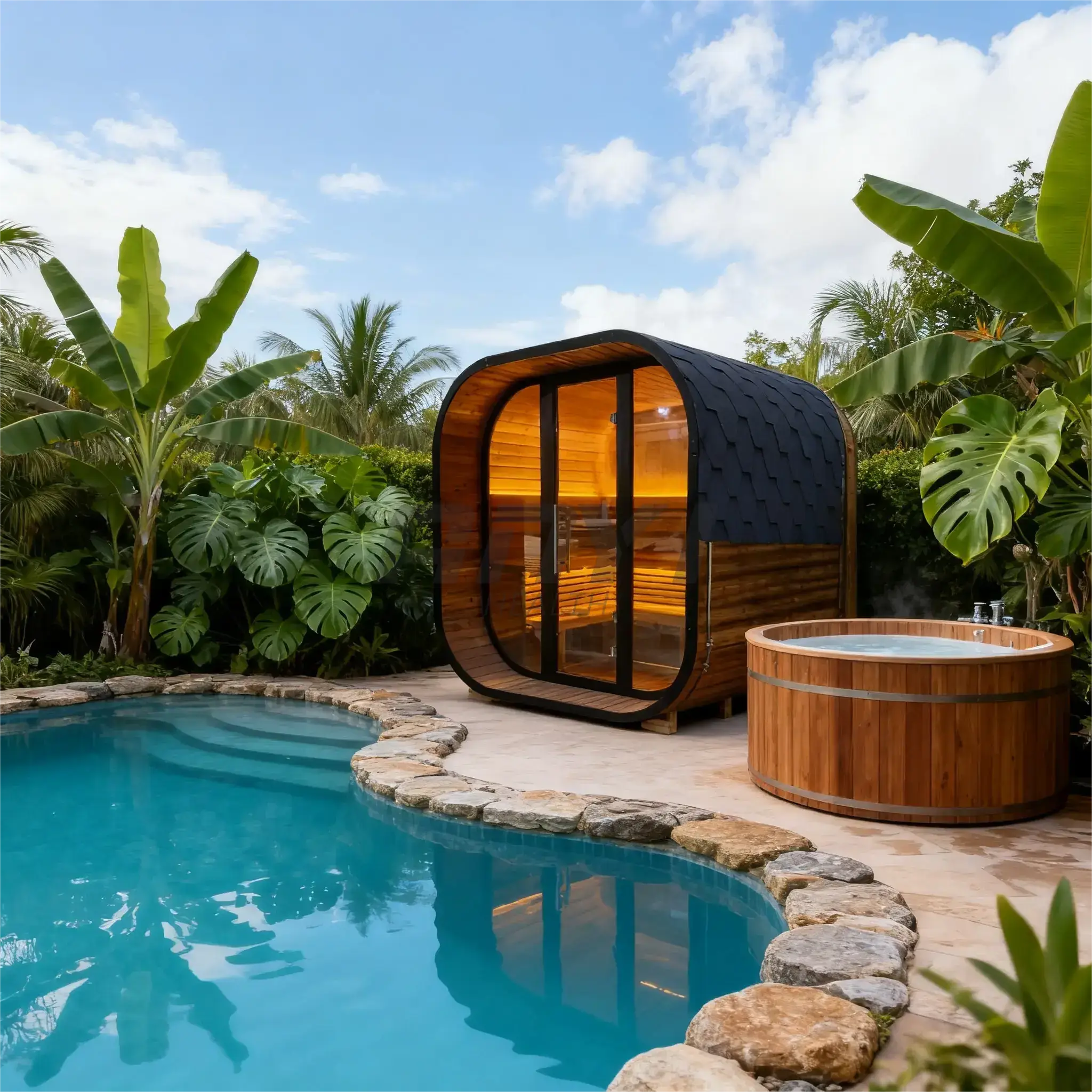 New 4-6 person Black Square Premium Thermo Spruce Wood Outdoor Sauna-FFF Anyi Health