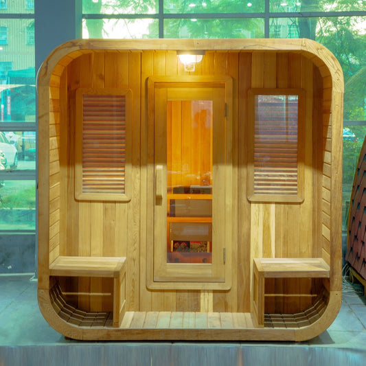 OasisLux Canadian Red Cedar Wood Hot Rock Hemlock Outdoor Cube Sauna - For 2-4 People with Porch Design