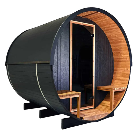 Oasislux stylish black barrel 4-person outdoor sauna with porch