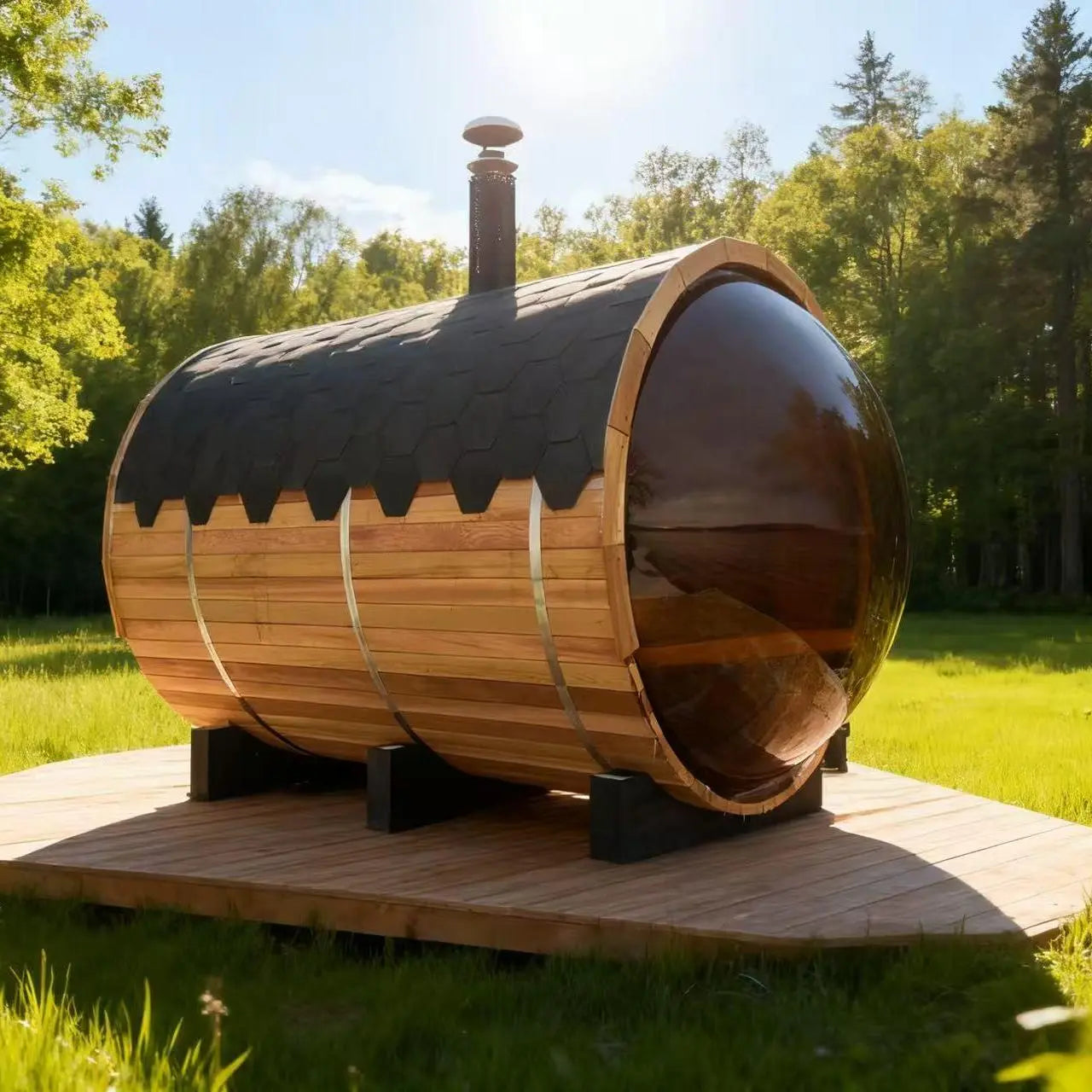 Outdoor Barrel Sauna with Front Porch &amp; Panoramic Glass – Available in 2-6 Person Sizes Anyi Health