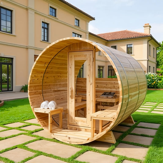 Oasislux 2-4 Person Traditional Outdoor Panoramic Barrel Sauna with Glass Front