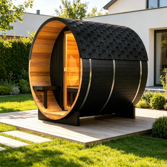 Black Luxury Outdoor Barrel Sauna for 2 to 6 Persons – Premium Cedar & Hemlock Sauna with Electric Heater