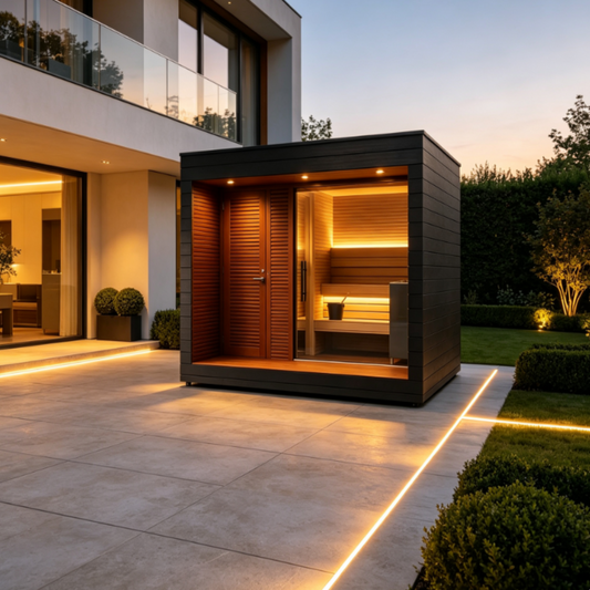 Luxury Outdoor Modular Sauna with Thermo-Aspen Interior, Nordic Spruce Exterior & Terrace