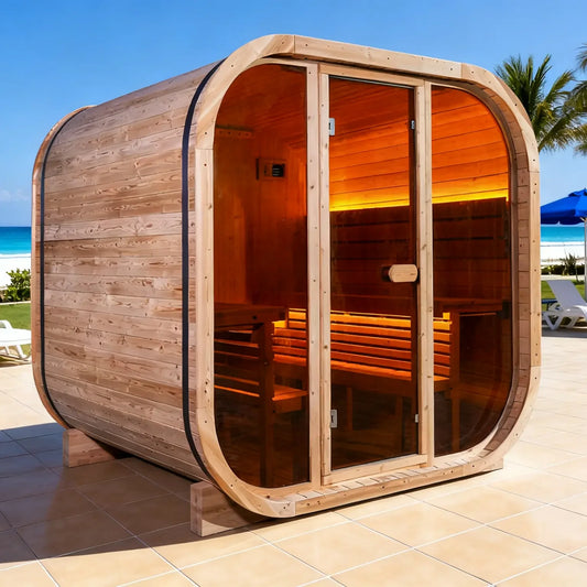 oasislux-7  Square Outdoor Sauna – Carbonized Spruce Wood | 3~4 Person Traditional Steam