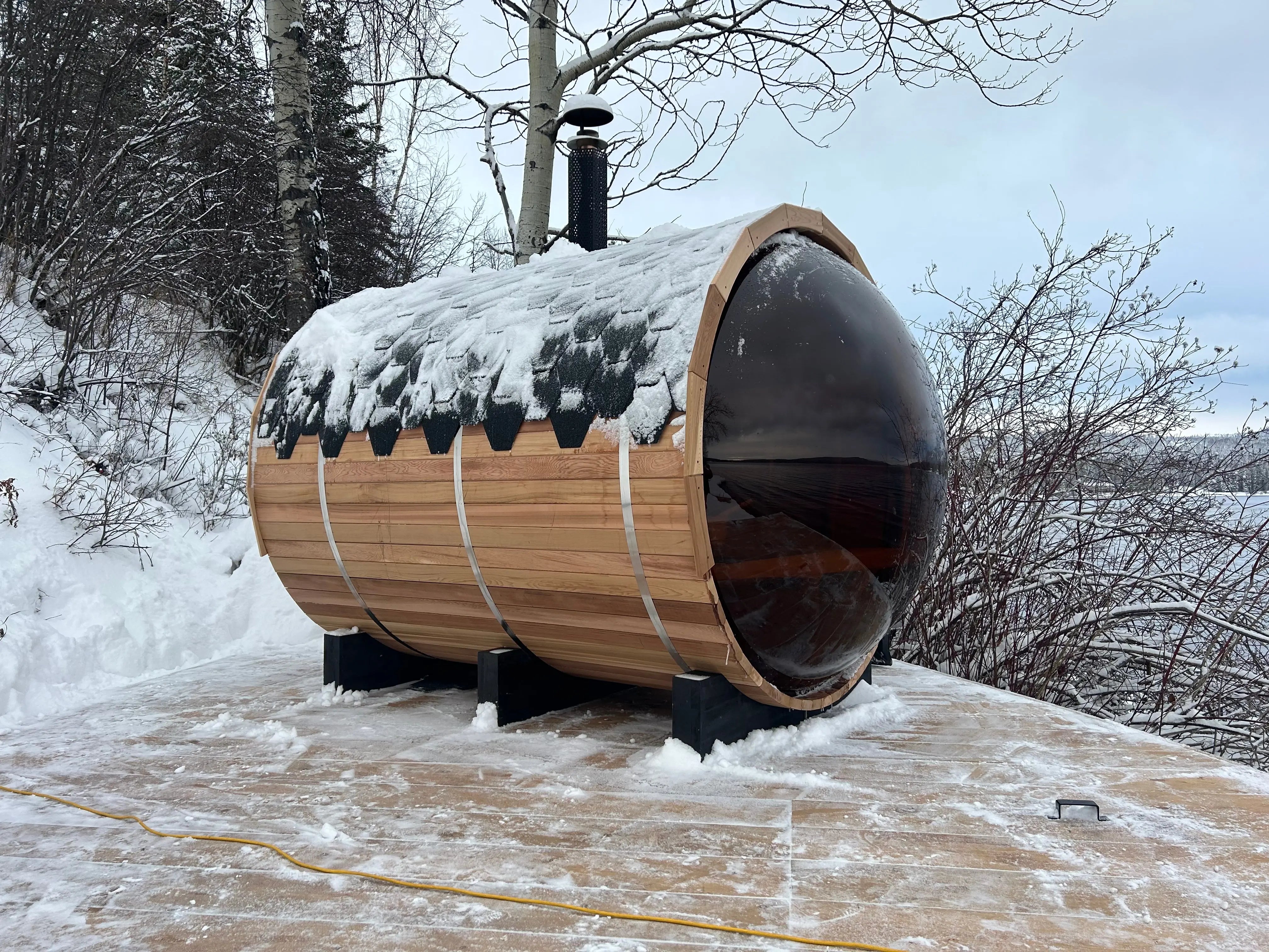 Outdoor Barrel Sauna with Front Porch &amp; Panoramic Glass – Available in 2-6 Person Sizes Anyi Health