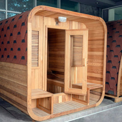 OasisLux Canadian Red Cedar Wood Hot Rock Hemlock Outdoor Cube Sauna - For 2-4 People with Porch Design