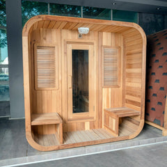 OasisLux Canadian Red Cedar Wood Hot Rock Hemlock Outdoor Cube Sauna - For 2-4 People with Porch Design