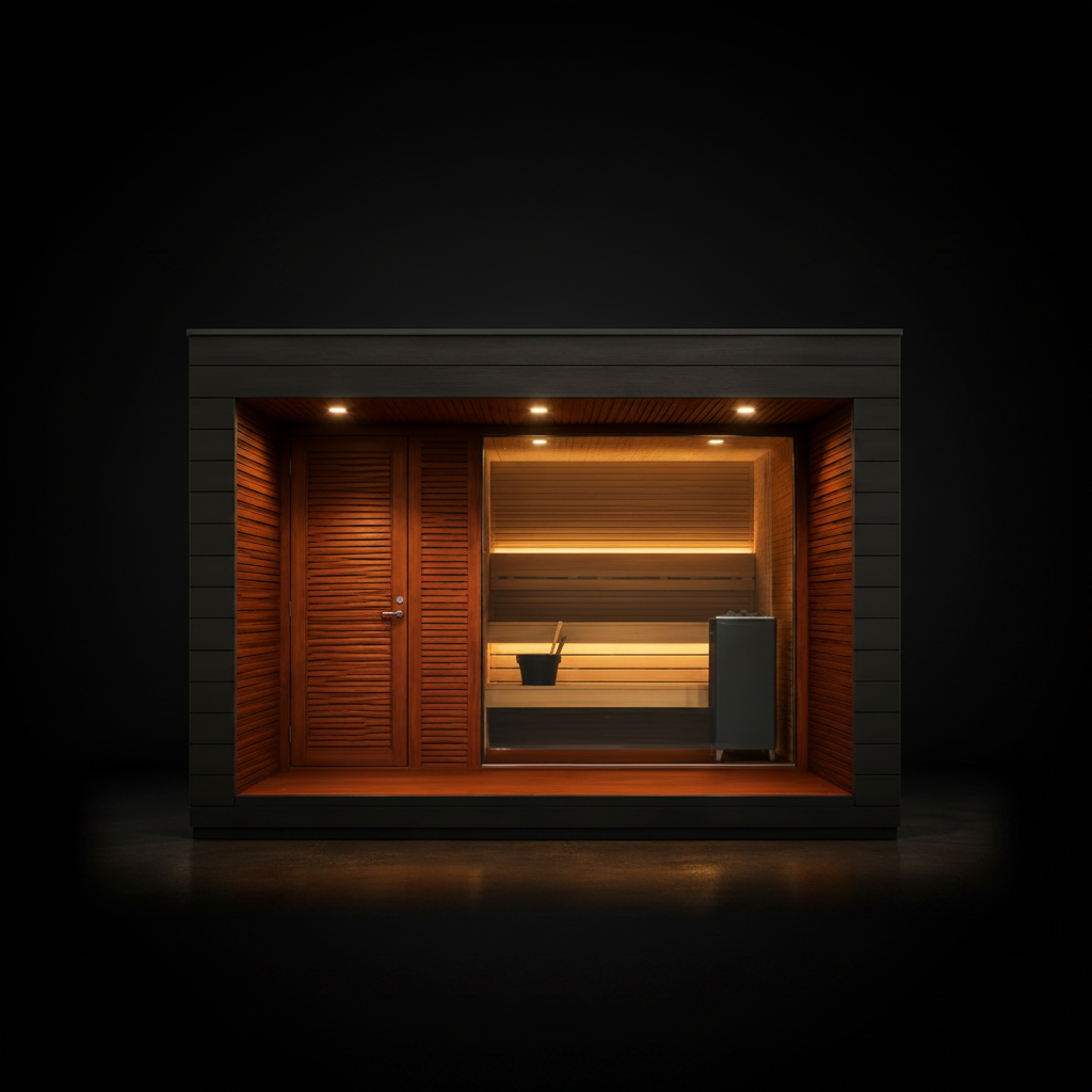 Luxury Outdoor Modular Sauna with Thermo-Aspen Interior, Nordic Spruce Exterior & Terrace Anyi Health