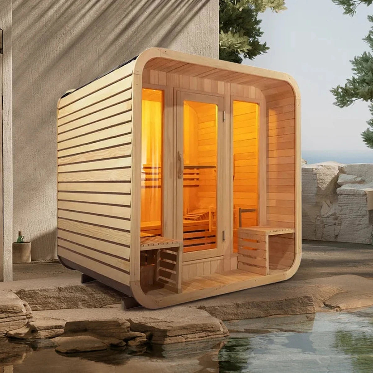 OasisLux Canadian Red Cedar Wood Hot Rock Hemlock Outdoor Cube Sauna - For 2-4 People with Porch Design